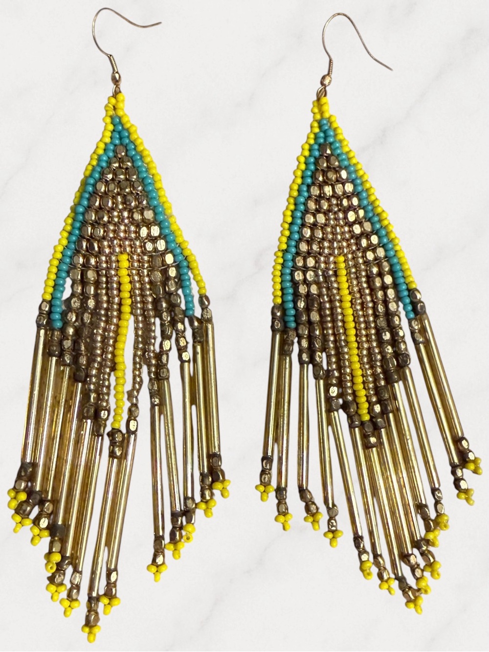 Yellow & Turquoise Beaded Fringe Earrings with Gold Accents - Women Jewelry